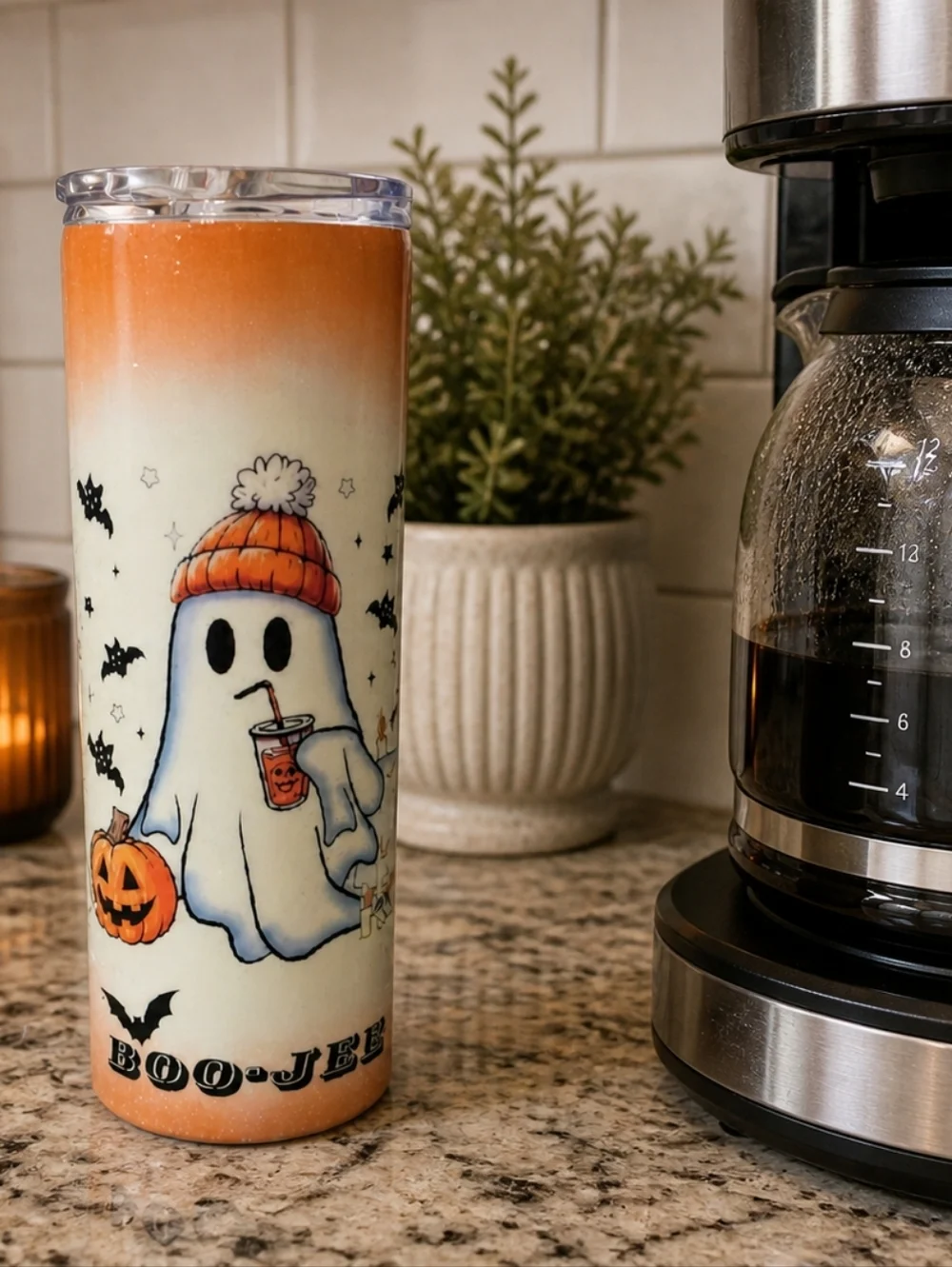 Handmade Halloween Ghost 30oz Skinny Tumbler Cute Spooky Boo Coffee Glitter Cup